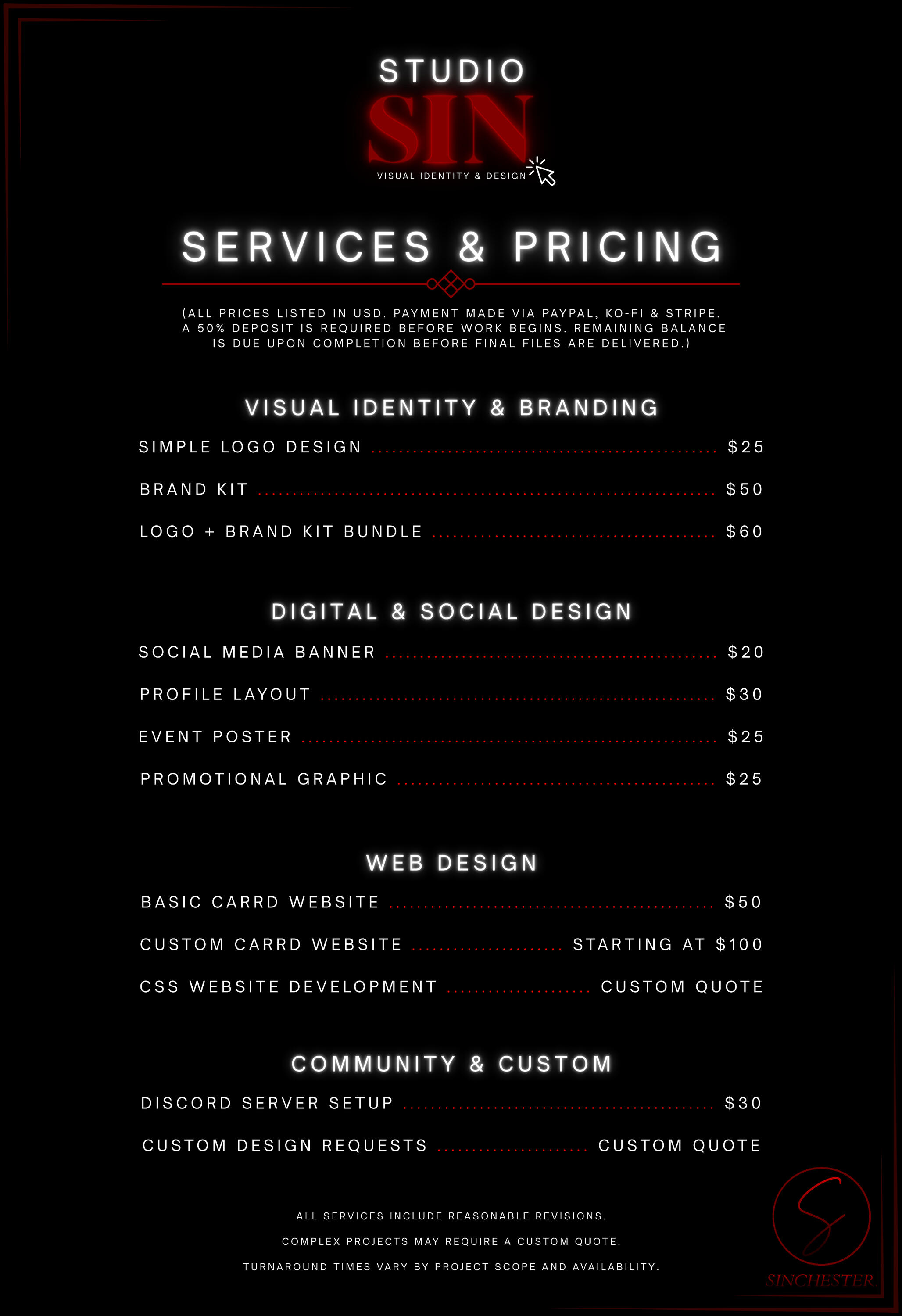 Studio SIN | Service Menu