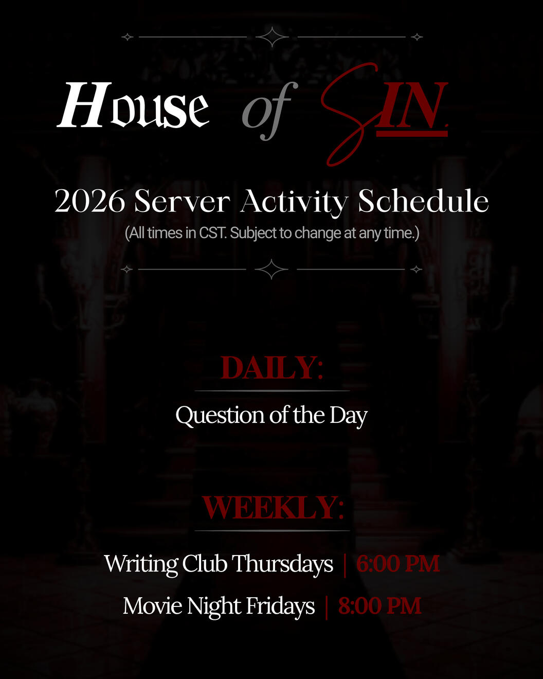 House of SIN | Discord Activity Schedule